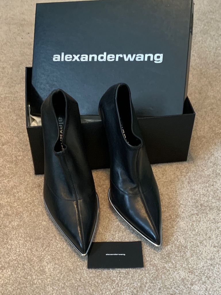 Alexander Wang Black Pointed Leather Ankle Boots With Silver Toe Trim